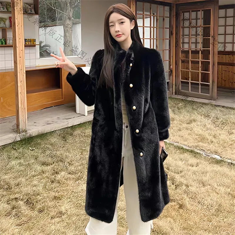 Long Faux Fur Coat for Women, Turn-down Collar, Loose Thicken Warm Teddy Jacket, Female Clothes, Winter, New, 2024