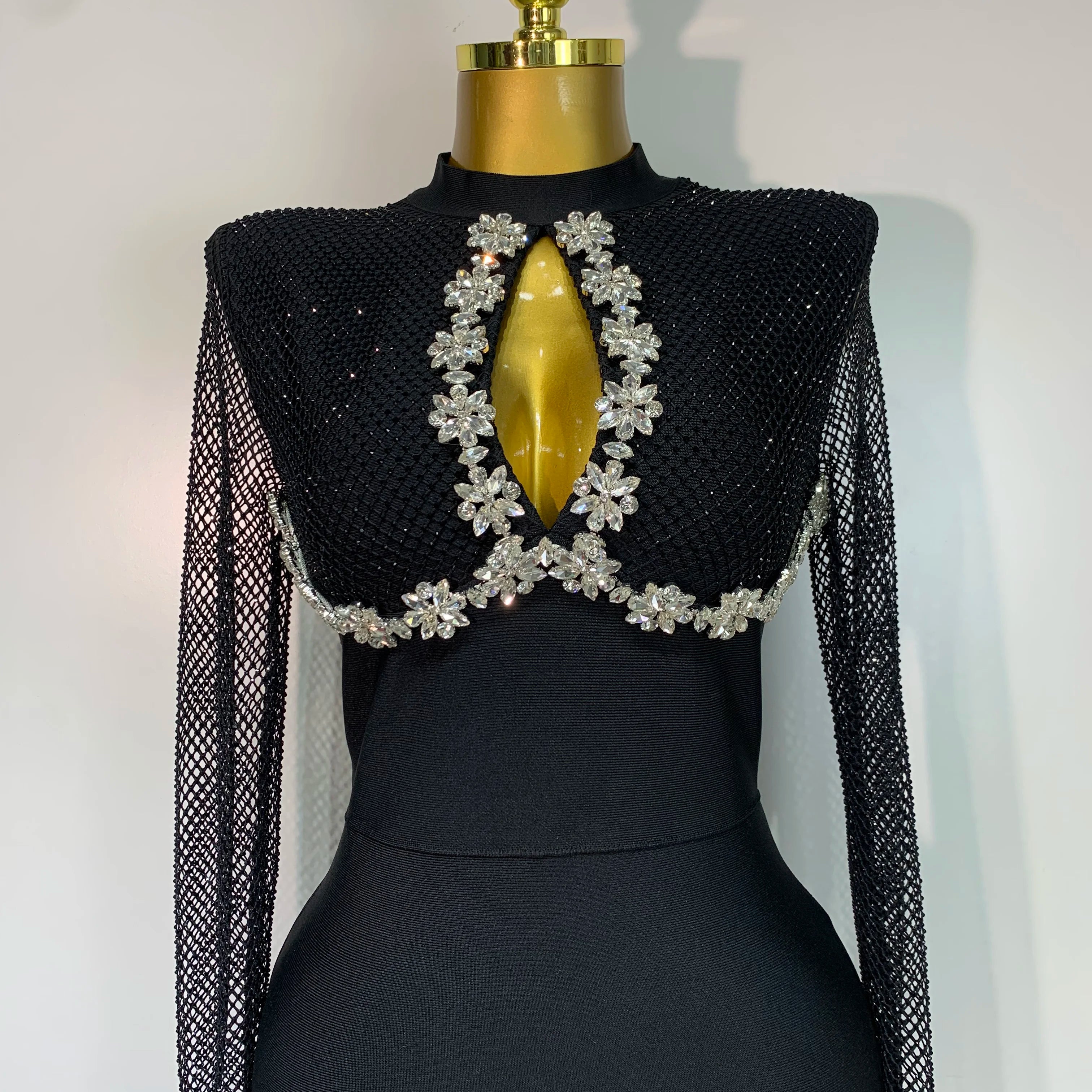 Women Sexy Long Sleeve Beading Black Maxi Long Bandage Dresses Birthday Party Celebrity Elegant Knitted Bodycon Club Dress