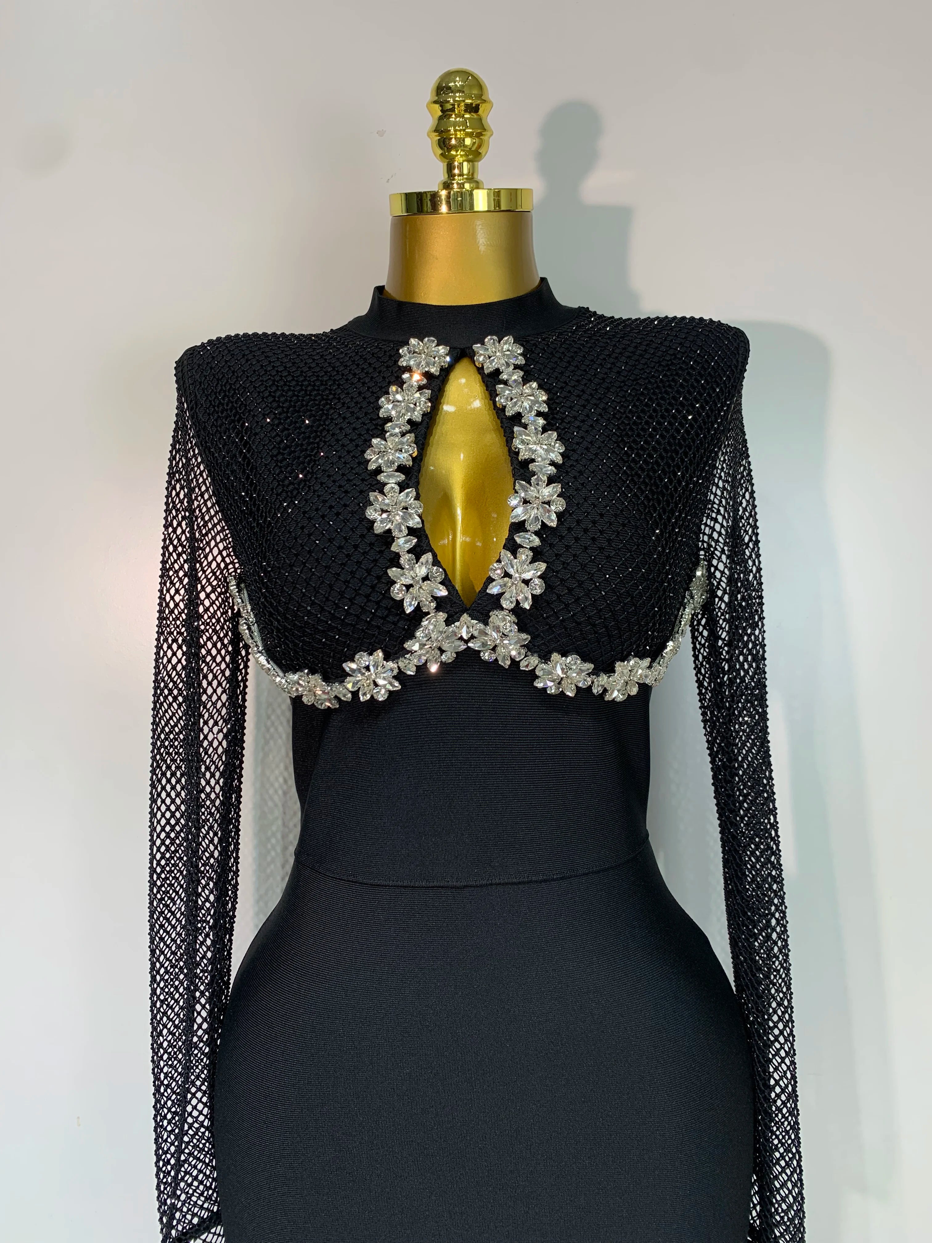 Women Sexy Long Sleeve Beading Black Maxi Long Bandage Dresses Birthday Party Celebrity Elegant Knitted Bodycon Club Dress