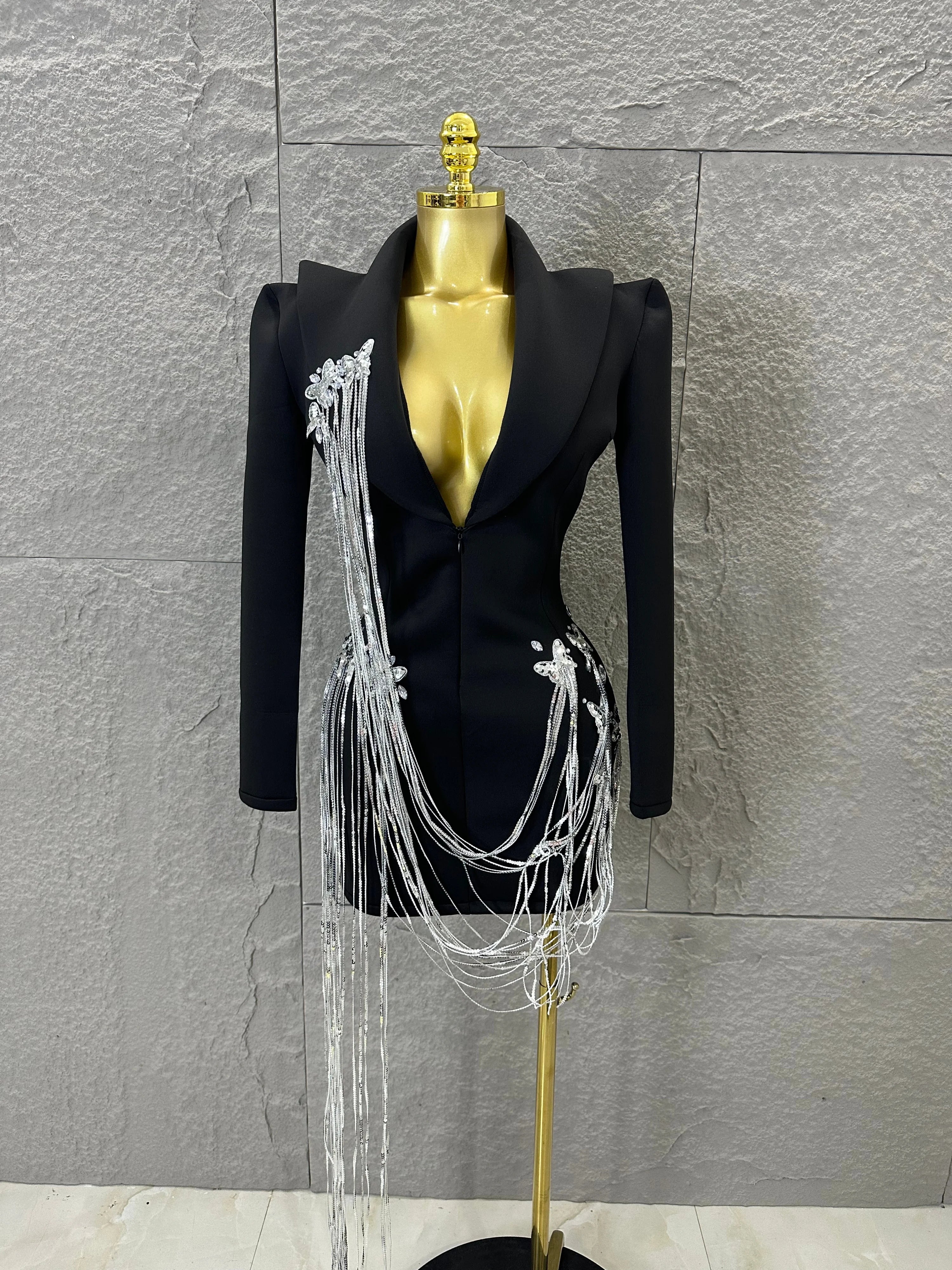 Luxury Black Blazer Mini Dress Deep V Neck Silver Crystal Beaded Butterfly Long Tassel Formal Evening Cocktail Gala Party Gown black