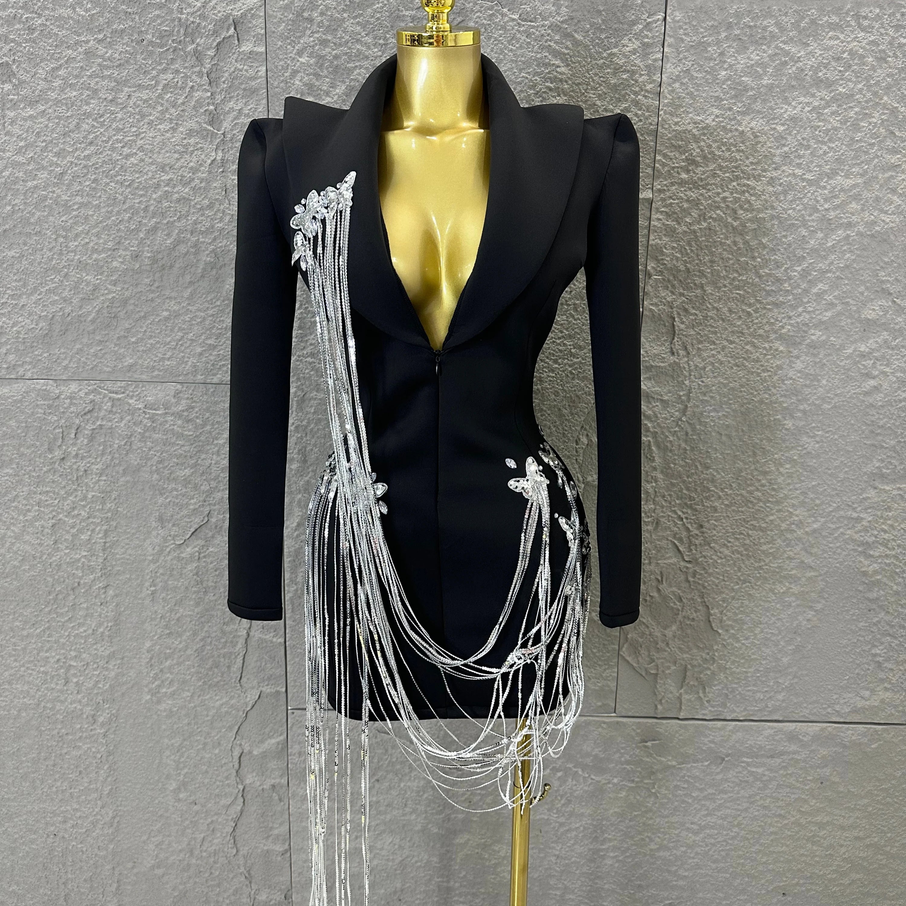Luxury Black Blazer Mini Dress Deep V Neck Silver Crystal Beaded Butterfly Long Tassel Formal Evening Cocktail Gala Party Gown