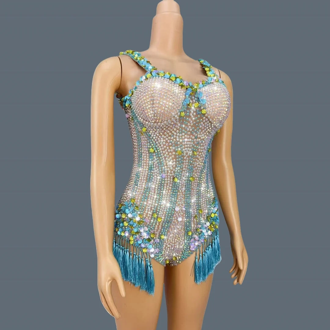 Sparkly Rhinestone Shell Tassel Bodysuit Club Dance Performance Leotard Women Nightclub Party Singer Stage Sexy Bodysuit Nanning