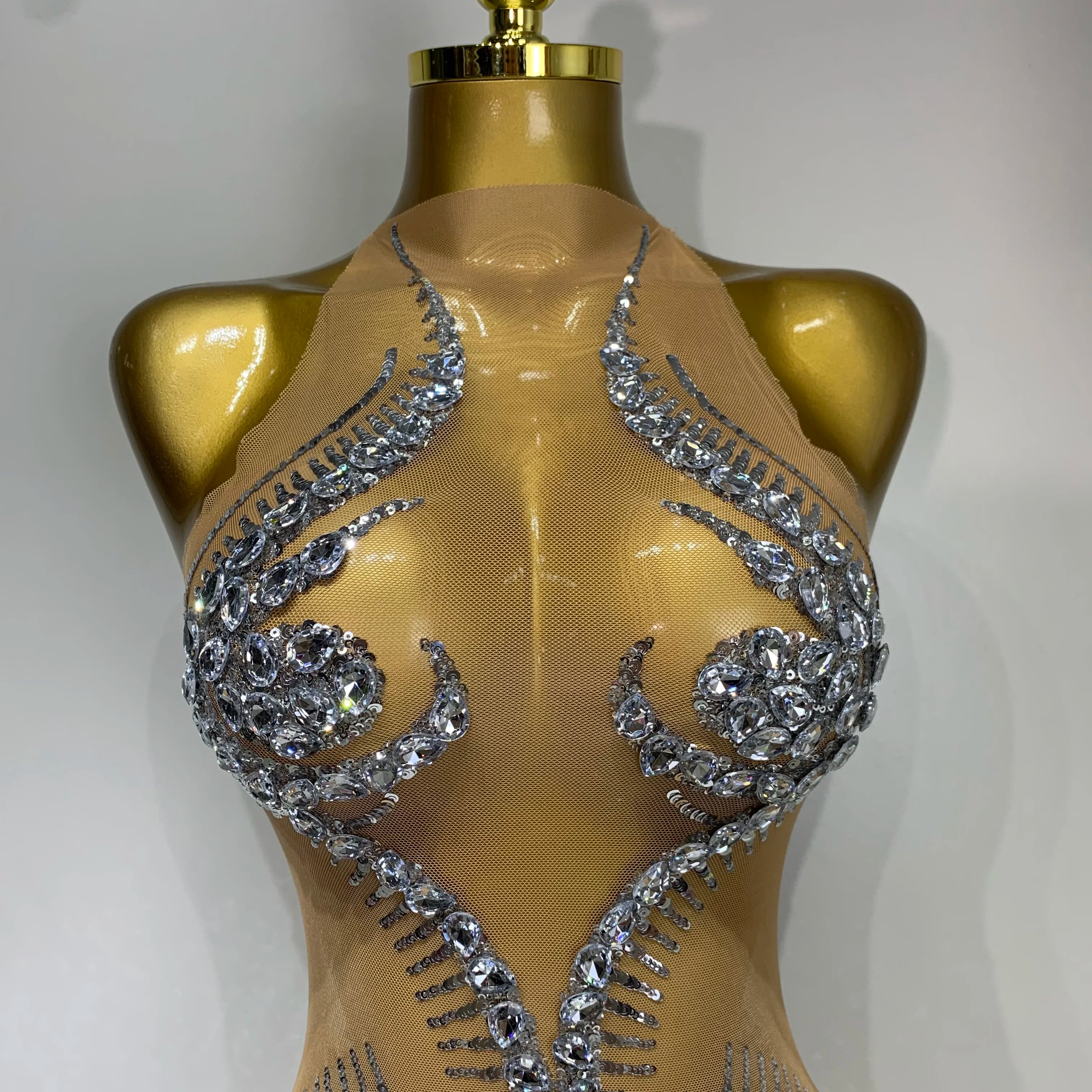 Luxury Party Cocktail Short Dress Women Mesh Sexy See Through Rhinestones Tassel Dress Nightclub Perform Singer Stage Costume