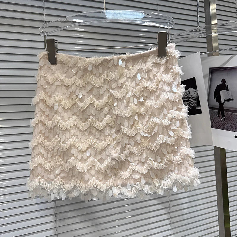 Winter New Fashion V-Neck Slim Fit Knitted Sweater For Women Sequin Tassel A-line Short Skirts Female 11A07731 only skirts