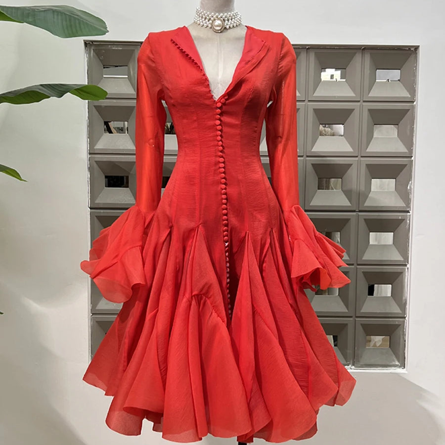 Solid Spliced Button Slimming Dresses For Women O Neck Long Sleeve High Waist Patchwork Ruffles Female Fashion New RED