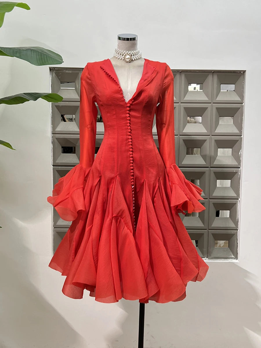 Solid Spliced Button Slimming Dresses For Women O Neck Long Sleeve High Waist Patchwork Ruffles Female Fashion New RED