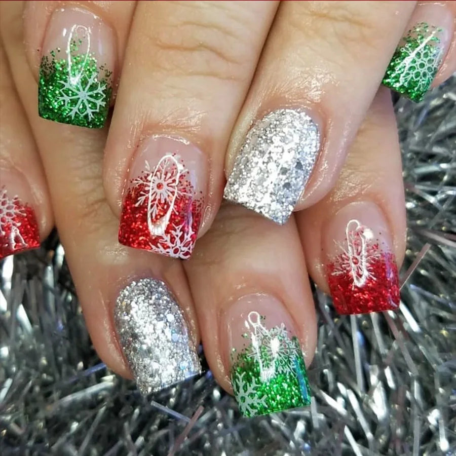 24pcs/set short fake nails for Christmas Square ballet winter false nail tips snow flakes christmas tree snowman press on nails 1599