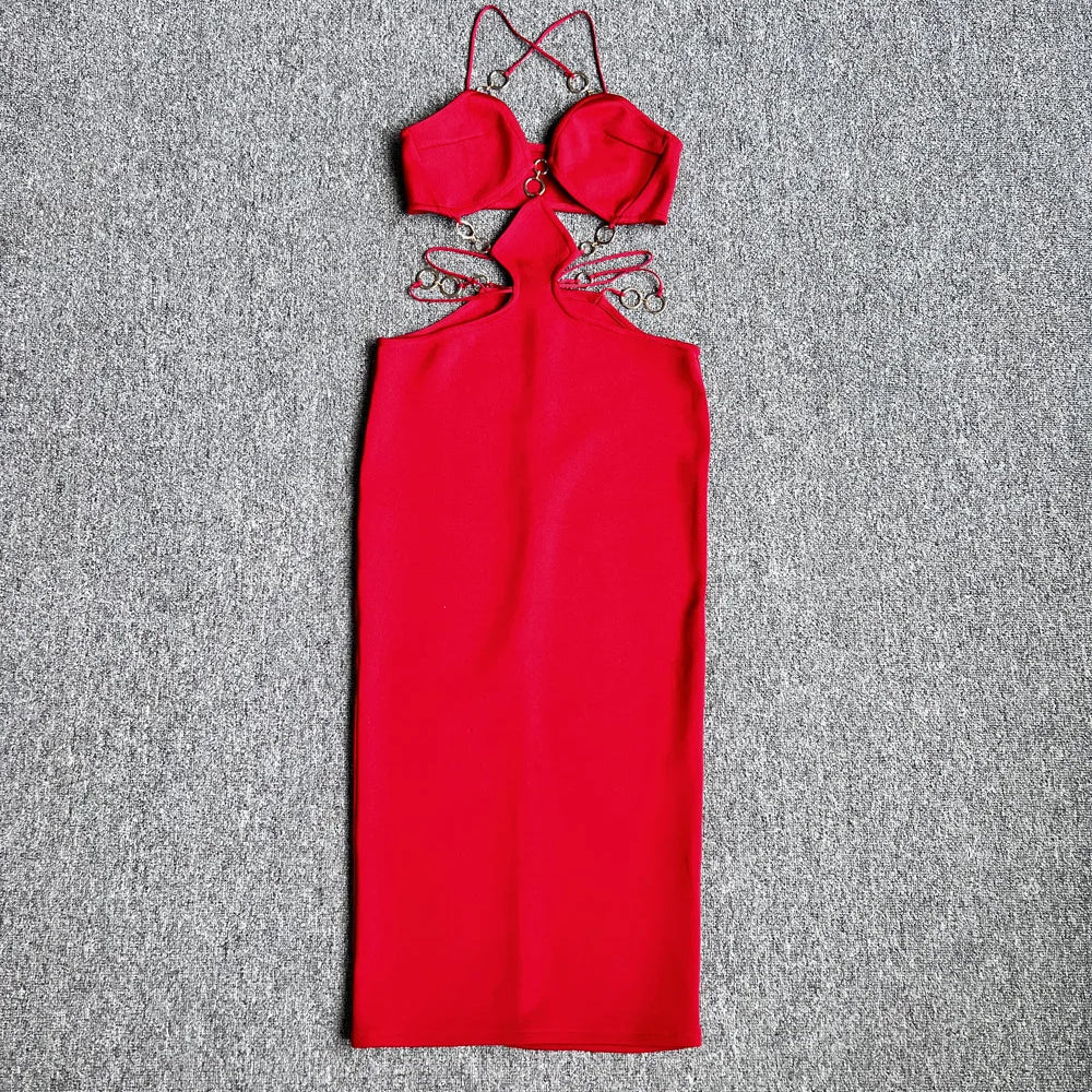 Red Black Color Women Sleeveless Sexy Strap V-Neck Keyholes Bodycon Long Bandage Dress Fashion Celebrate Nightclub Party Dress Claret