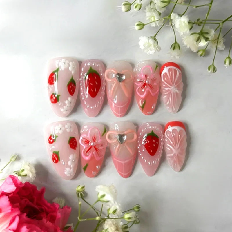 24pcs Sweet Cool Press on Nails with Red Flower Print Y2k False Nails for Girl Wearable Detachable French Almond Fake Nail Tips 2