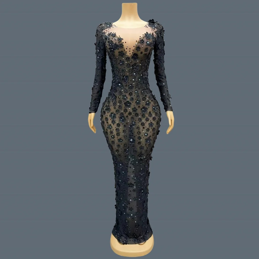 Shine Rhinestone Black Evening Dress Sheer Mesh Tight Fitting Flower Long Dress Elegant Mysterious Party Sexy Women Dress Cunjie Long Sleeved