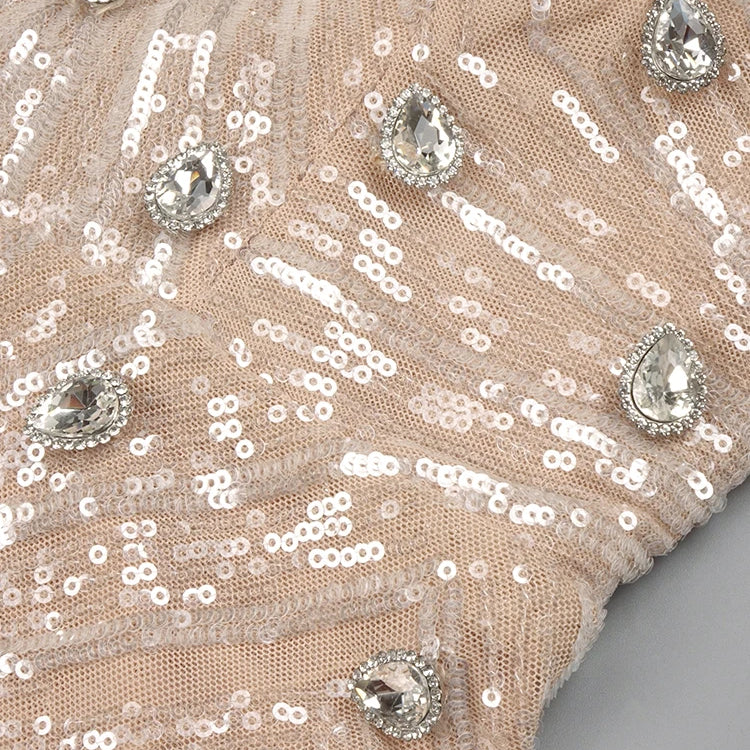 Apricot Sequins Mermaid Long Dress Optical Illusion Strapless Crystals Flowers Embellished Celebrity Evening Party Gowns