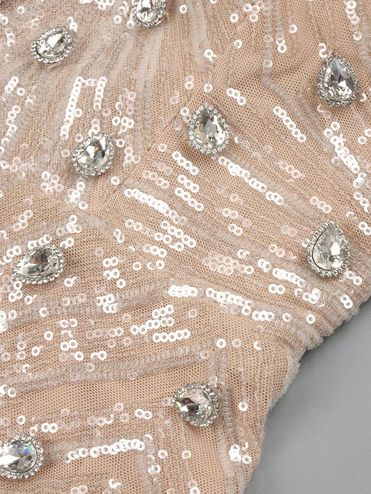 Apricot Sequins Mermaid Long Dress Optical Illusion Strapless Crystals Flowers Embellished Celebrity Evening Party Gowns