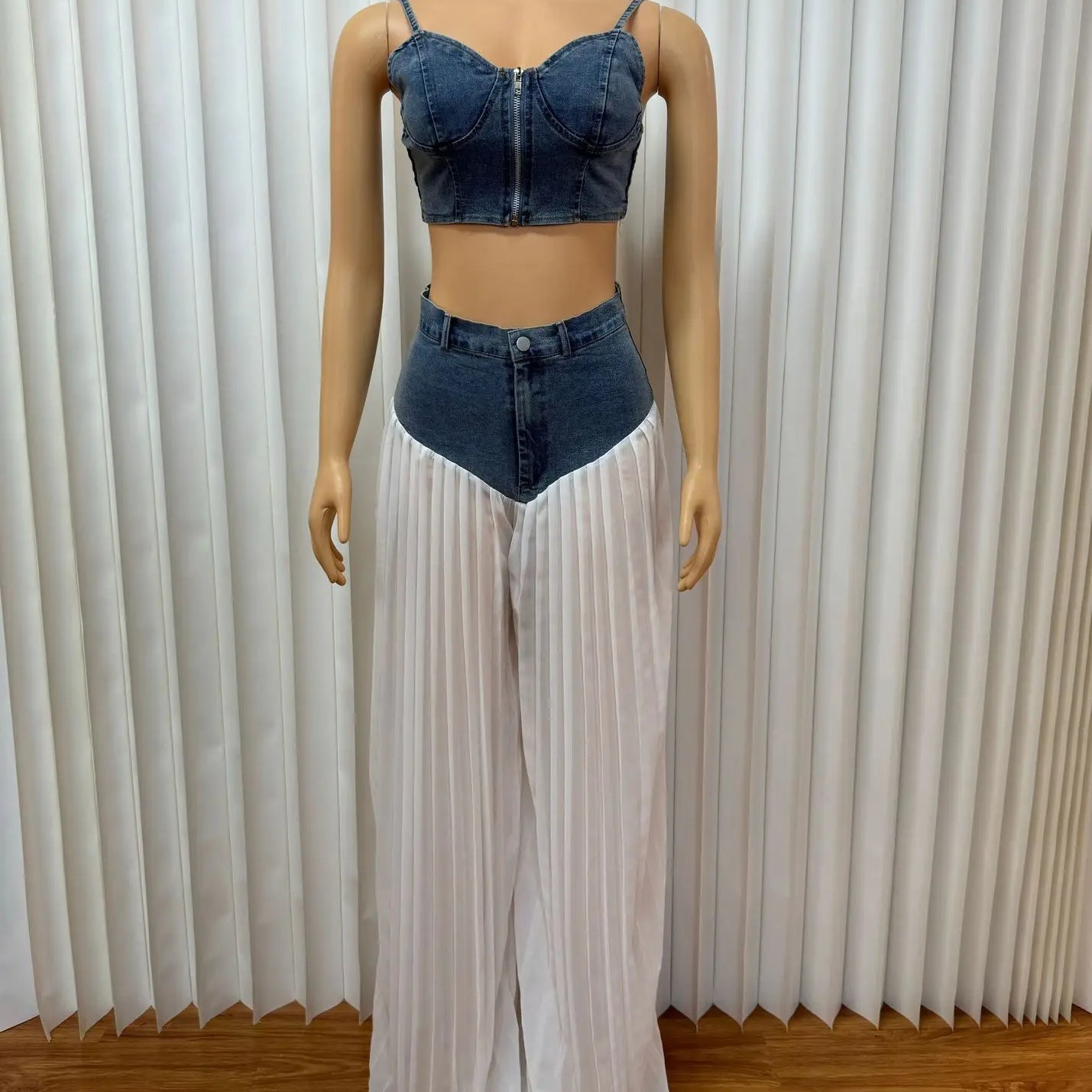 Fashion Denim Chiffon Women's Set Strapless Crop Top and Jeans Pants Suits 2025 Sexy Party Club Two 2 Piece Set Outfits blue
