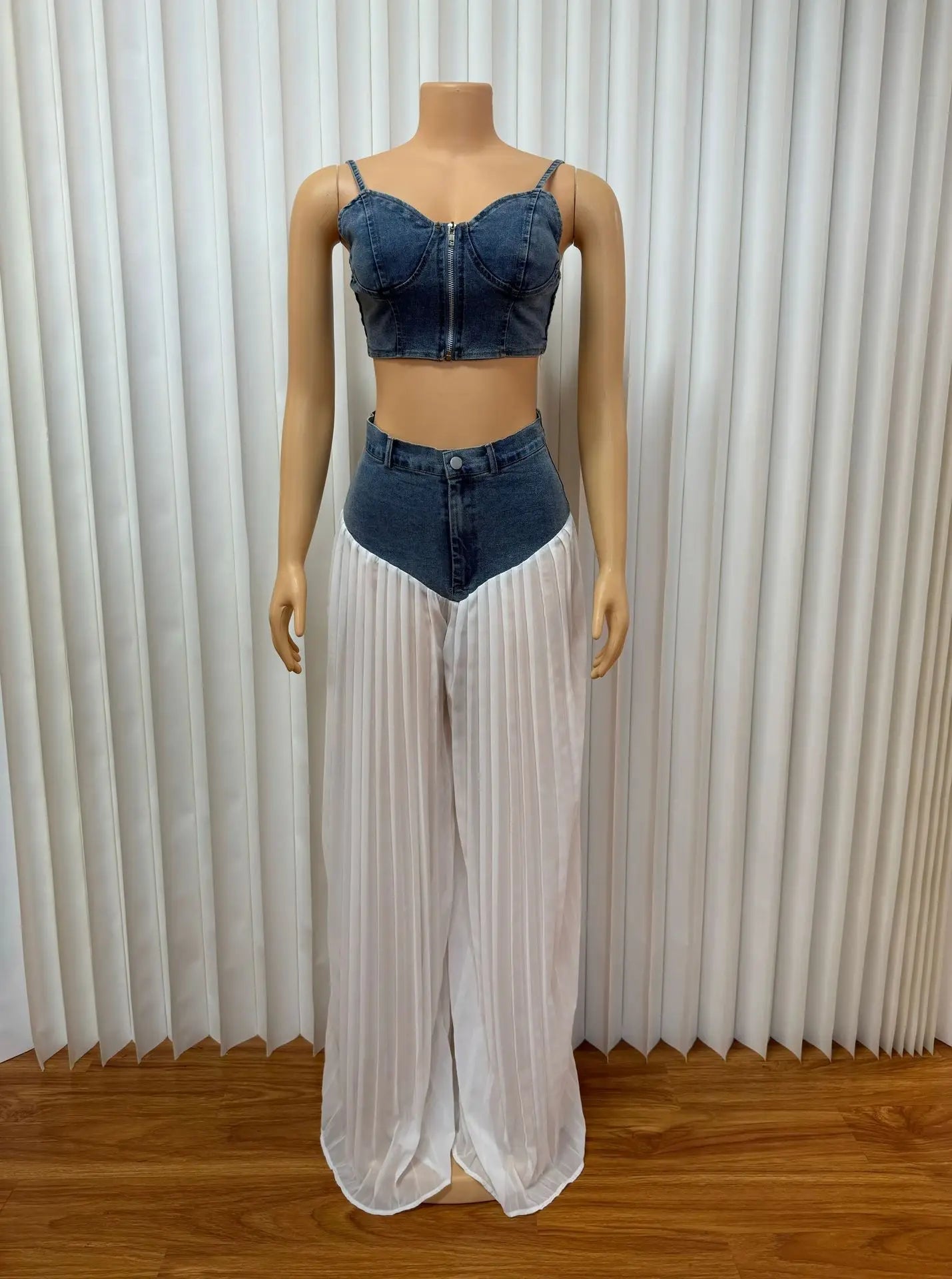 Fashion Denim Chiffon Women's Set Strapless Crop Top and Jeans Pants Suits 2025 Sexy Party Club Two 2 Piece Set Outfits blue