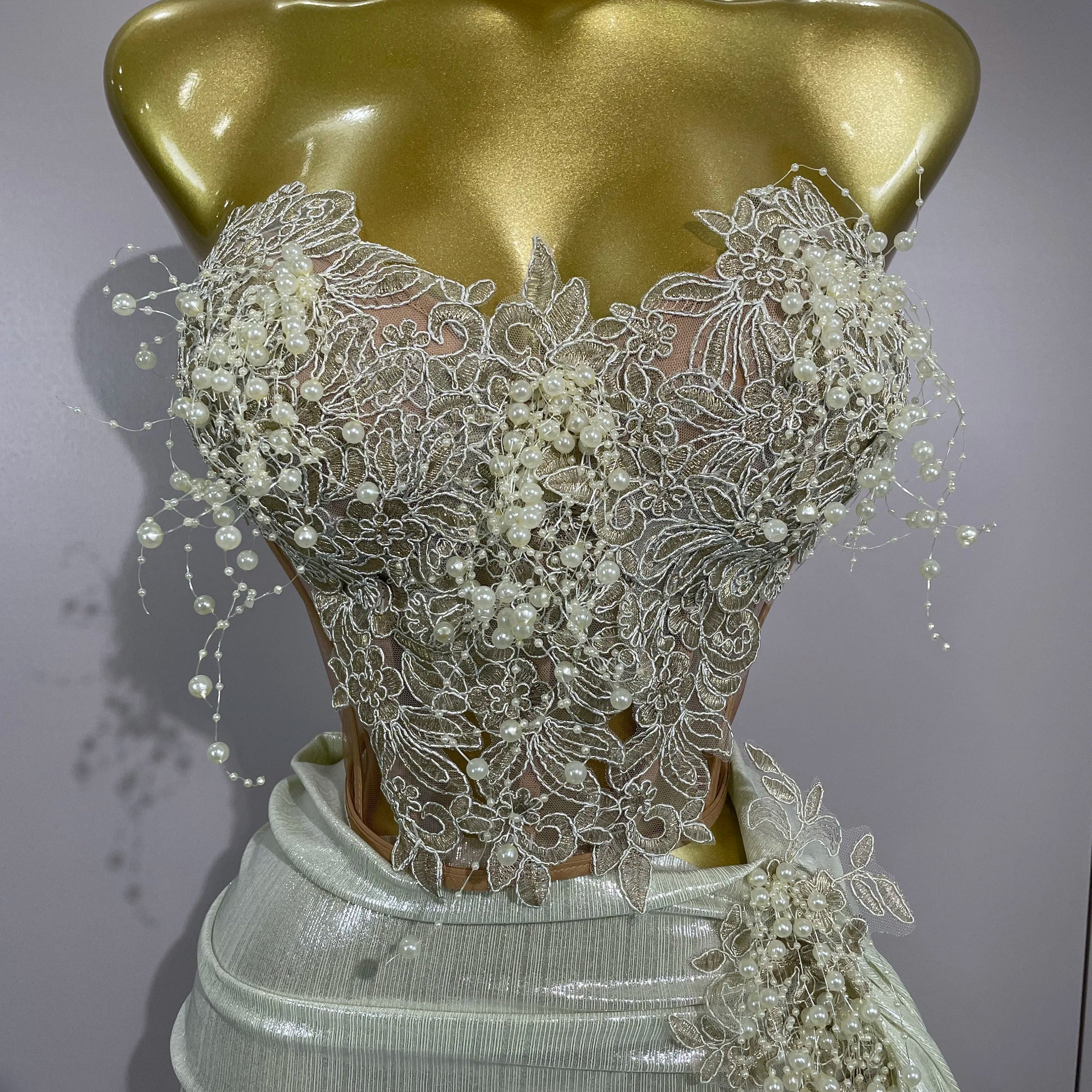 STOCK Luxury Shining Pearls Sexy Asymmetrical Skirt 2 PCS Set 2025 Women Evening Birthday Party Stage Dancer Performance Costume