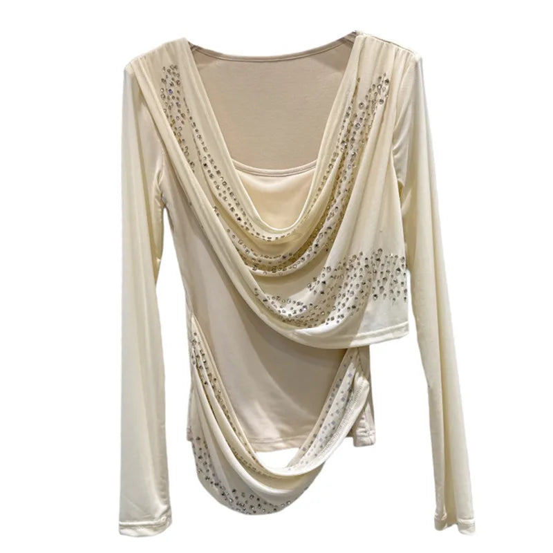 Winter New Light Luxury Style U-Neck Shiny Rhinestone Solid Color Ruched T-Shirt For Women Slim Fit Tops 11A07550