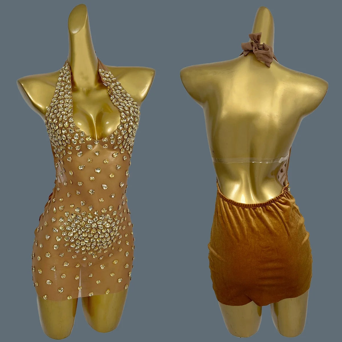 Sexy See Through Mesh Mini Dress Women Deep V Neck Backless Short Dress Club High-end Birthday Party Fancy Girls Outfit Baoshi Gold One Size