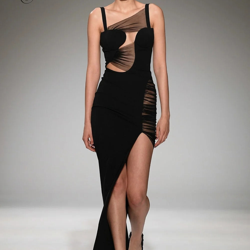 VC Fashion Party Black Dress Women Irregular Mesh Patchwork Bodycon Bandage Sleeveless Suspender Long Slip Dresses For 2023