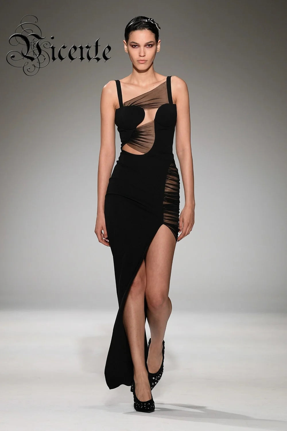 Fashion Party Black Dress Women Irregular Mesh Patchwork Bodycon Bandage Sleeveless Suspender Long Slip Dresses For 2023