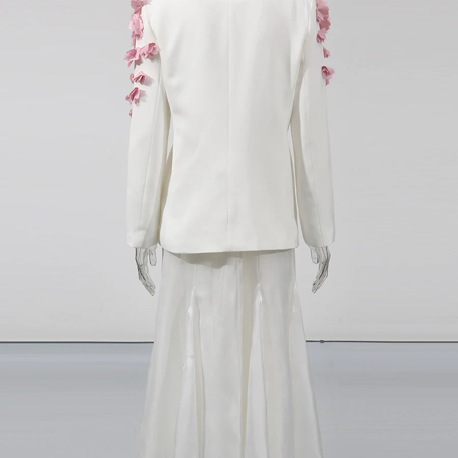 Spliced Petal Two Piece Sets for Women V Neck Long Sleeve Patchwork Lace Up Top High Wasit Skirt Elegant Set Female