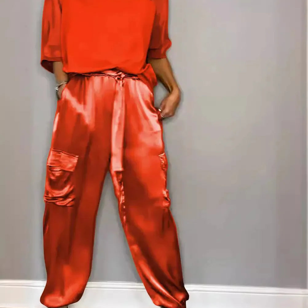 Summer Satin 2 Piece Set Women Casual Solid Color 2 Piece Outfit Half Sleeve Tops Loose Fit Pants Suit Two Piece Sets Red