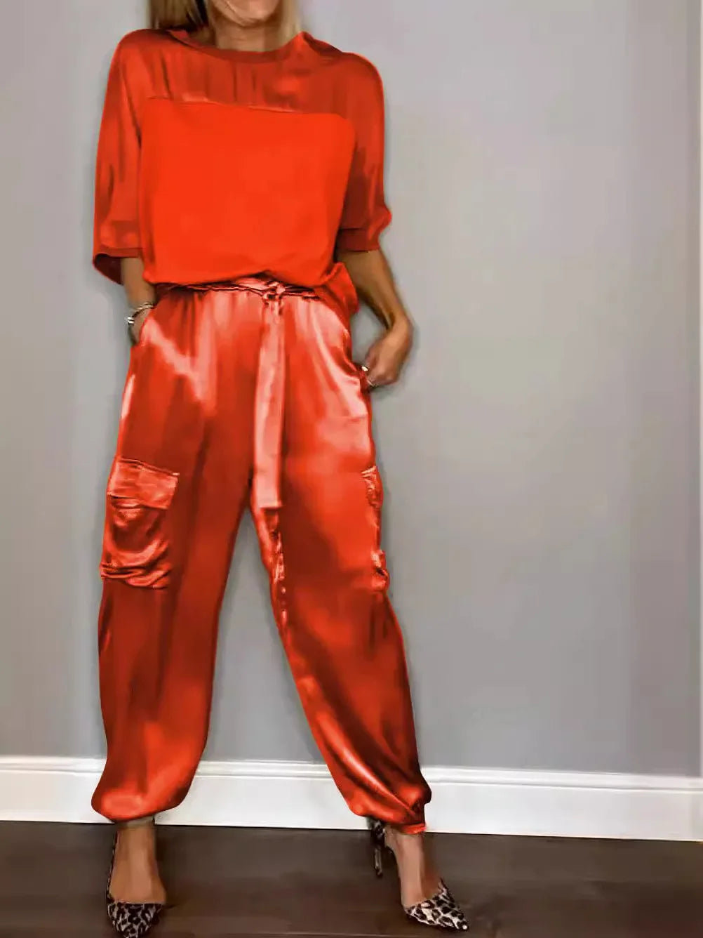 Summer Satin 2 Piece Set Women Casual Solid Color 2 Piece Outfit Half Sleeve Tops Loose Fit Pants Suit Two Piece Sets Red