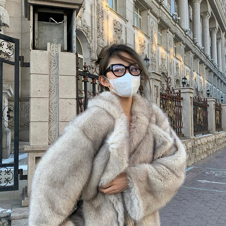 Lautaro Autumn Winter Oversized Loose Casual Luxury Soft Thick Warm Hairy Faux Fox Fur Coat Women Long Sleeve Fluffy Jacket 2024 Beige gray