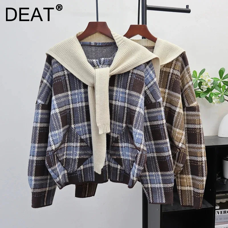 Autumn Winter New Plaid Knitted Double-Sided Shawl Cardigan For Women Loose Sweater Coat Female Trendy 11A07623