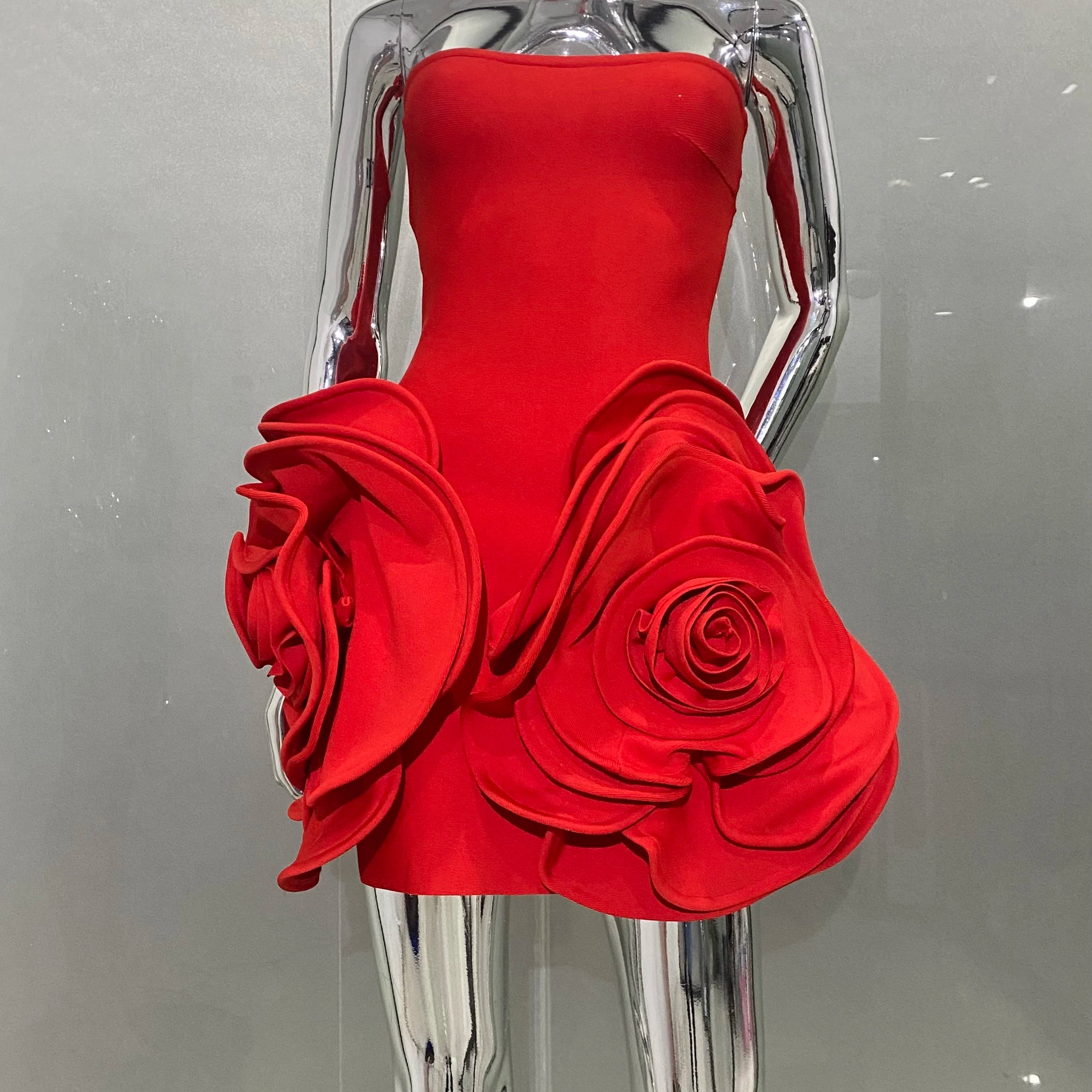 New Stereoscopic Flowers Strapless Red Bandage Mini Evening Dress Fashion Woman Birthday Party Dress Celebrity Party Outfit Red