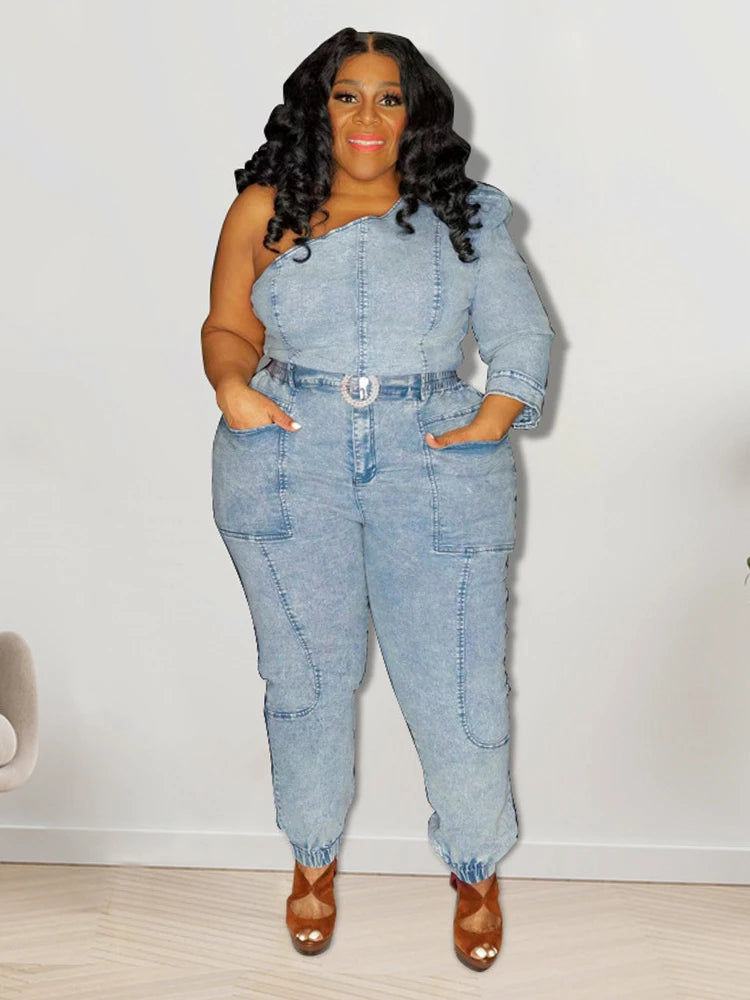 Two Piece Set Women Top and Pants Fashion Sexy One Shoulder Top Elastic Jeans Plus Size Matching Sets Wholesale Dropshipping SKY BLUE