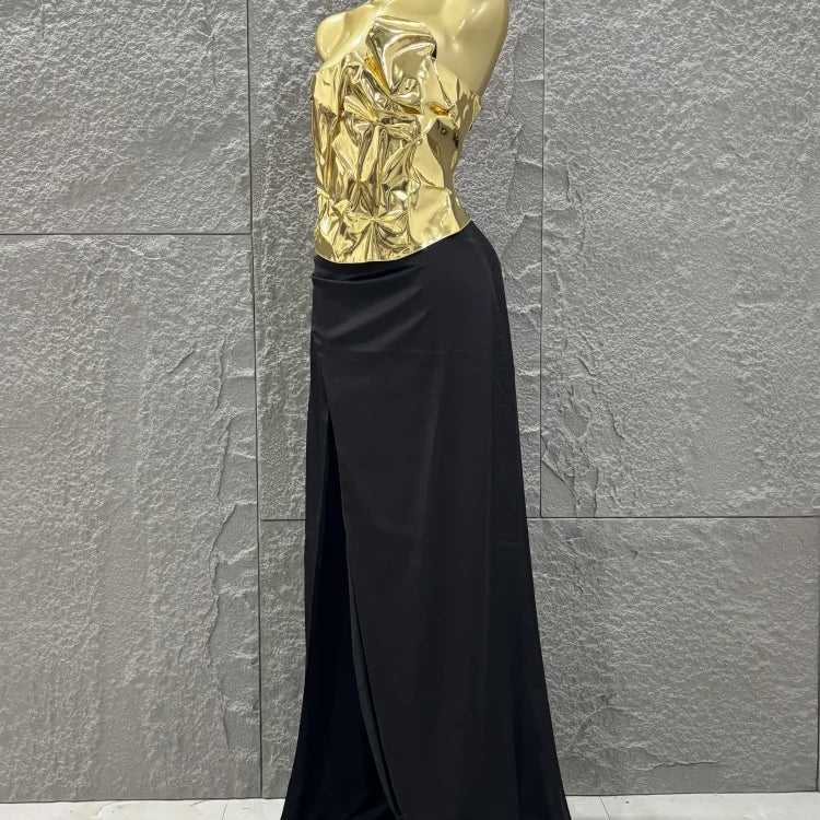 Hot Sale Discount Women Sexy Golden Tops Floor-length Skirt 2 Pieces Straight Dress Elegant Evening Party Celebrate Outfit