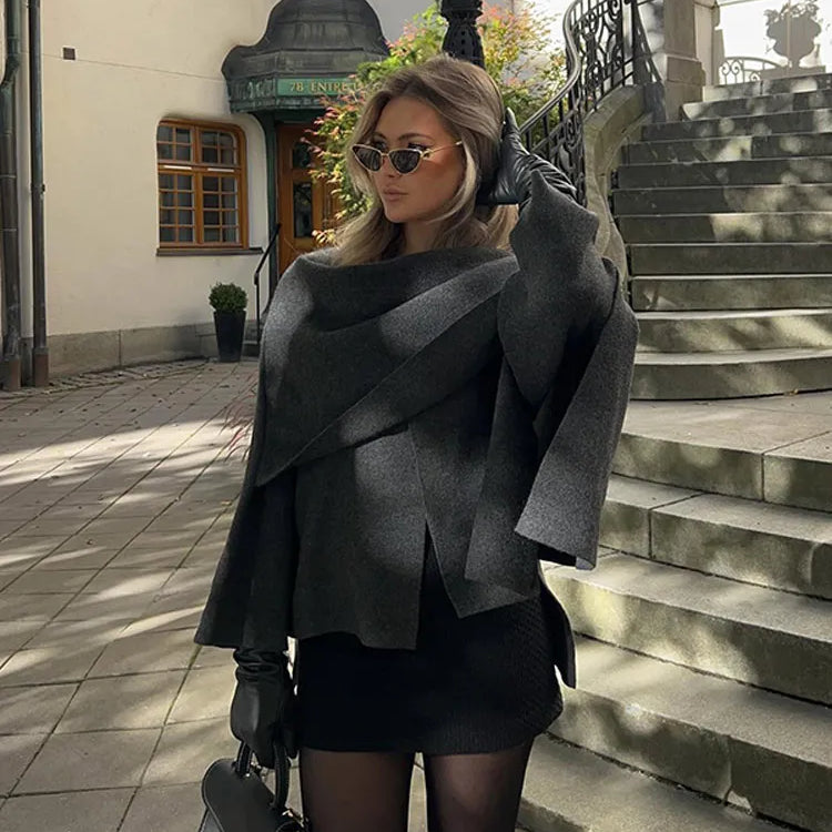 New Fashion Scarf Collar Woolen Jackets For Women Elegant Long Sleeved Side Split Casual Coats Female Chic Autumn Overcoats