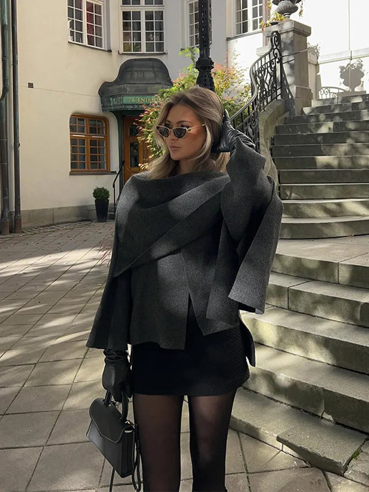 New Fashion Scarf Collar Woolen Jackets For Women Elegant Long Sleeved Side Split Casual Coats Female Chic Autumn Overcoats