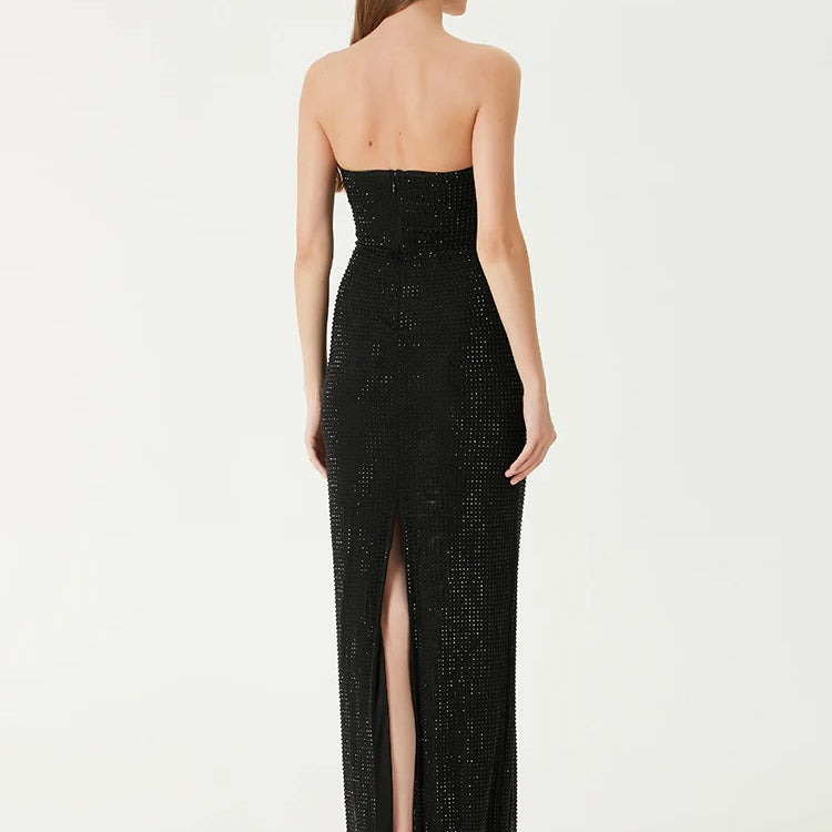 Strapless V Neck Sparkling Diamonds Bandage Long Dress Women Black Sleeveless Backless Shiny Bodycon Celebrity Evening Gowns