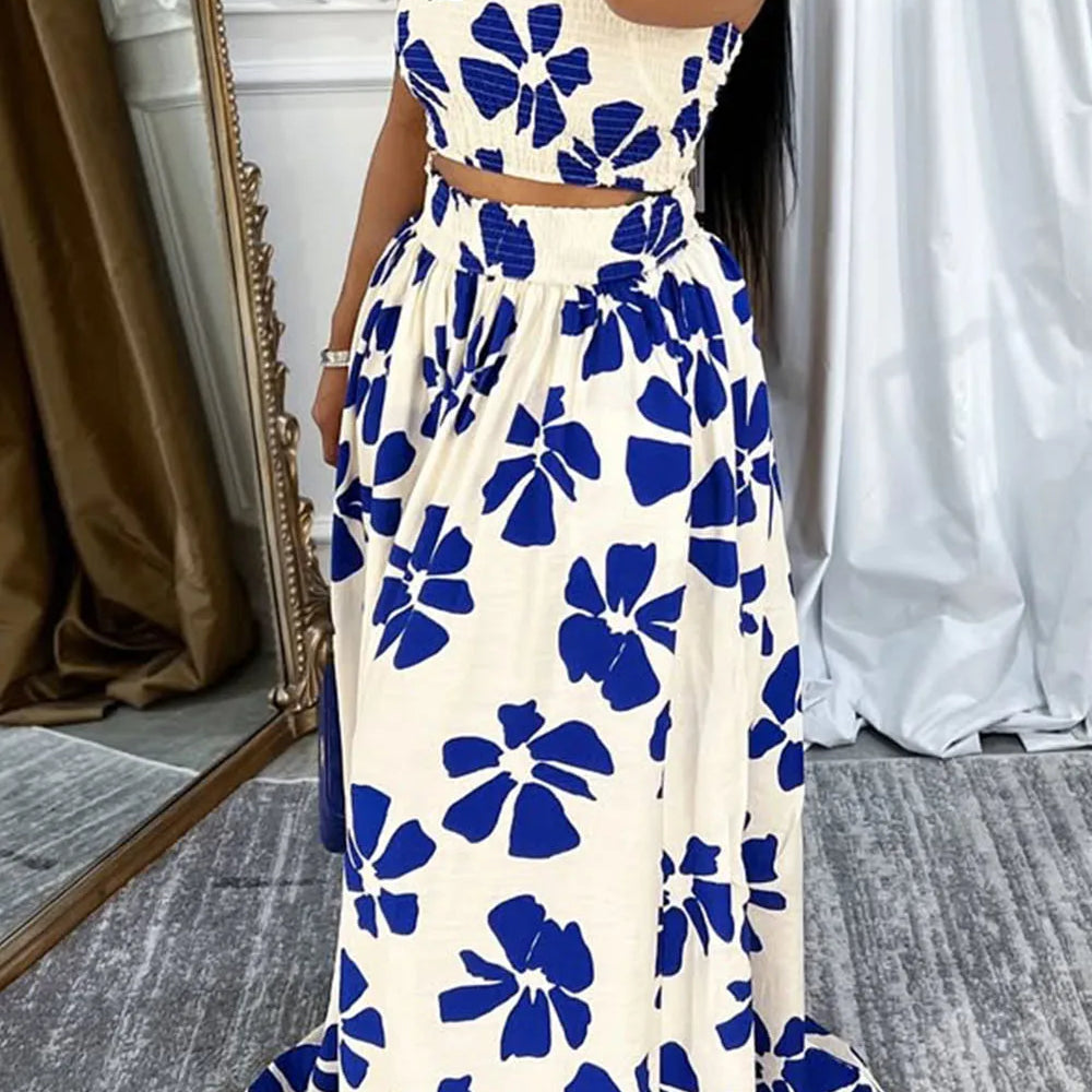 Plus Size Vacation Blue Graphic Pocket Smocking Two Piece Skirt Sets