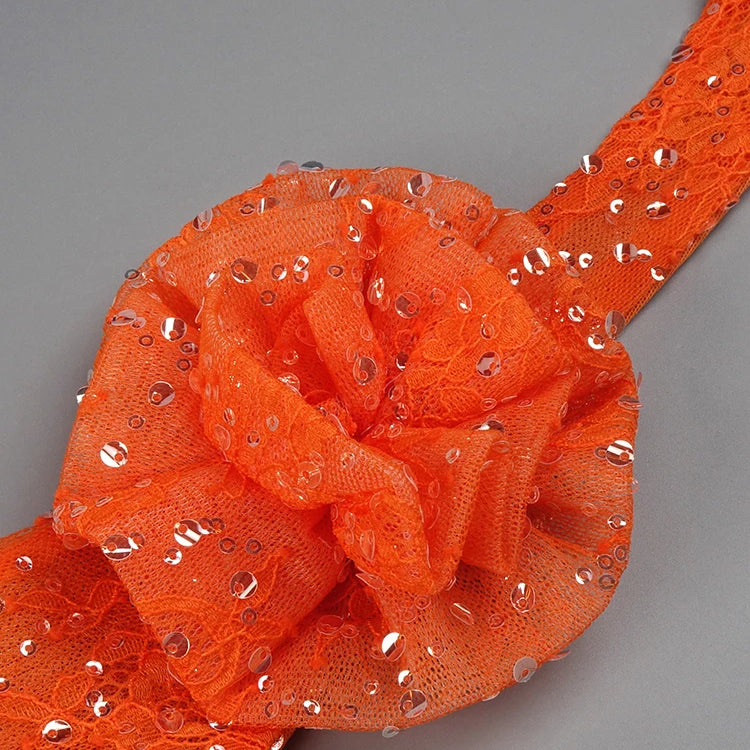 Orange Sequins Halter Long Dress For Women Backless Structured Flower Details Maxi Elegant Evening Party Gown Vestido