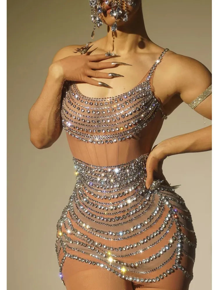 Celebrity Women Sexy U Neck Crystal Diamonds Mesh Mini Dress Birthday Party Costume Bar Nightclub Stage Performance Outfit Beige
