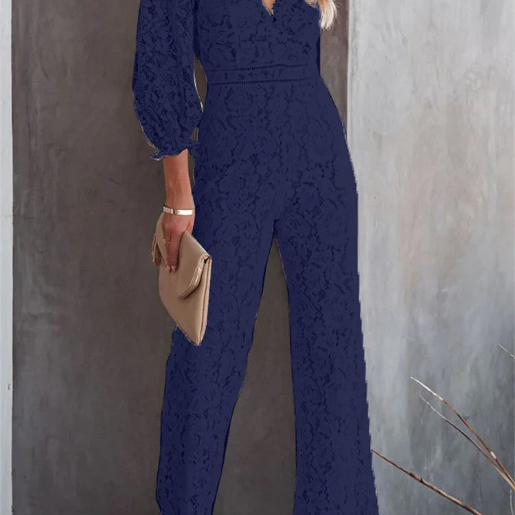 CHRONSTYLE Elegant Women Lace Wide Leg Pants Jumpsuits Solid Color Long Sleeve High Waist V Neck Floral Rompers Streetwear 2023