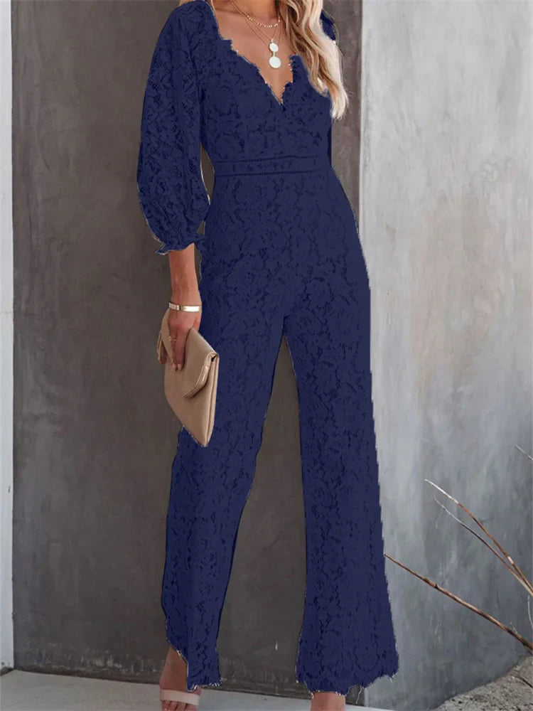 CHRONSTYLE Elegant Women Lace Wide Leg Pants Jumpsuits Solid Color Long Sleeve High Waist V Neck Floral Rompers Streetwear 2023