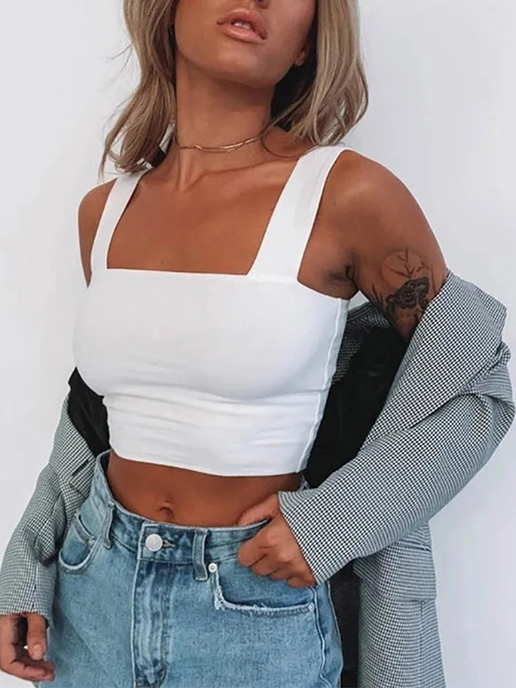 Square Neck Sleeveless Summer Crop Top White Women Black Casual Basic T Shirt Off Shoulder Cami Sexy Backless Tank Top WHITE
