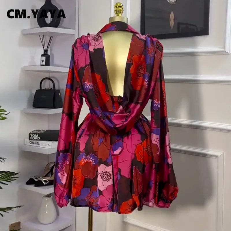 Women V-neck Long Sleeve Pleated Floral Print Mini Dress Sweet elegant Sexy Birthday Beach Night Party Vestidos Dresses