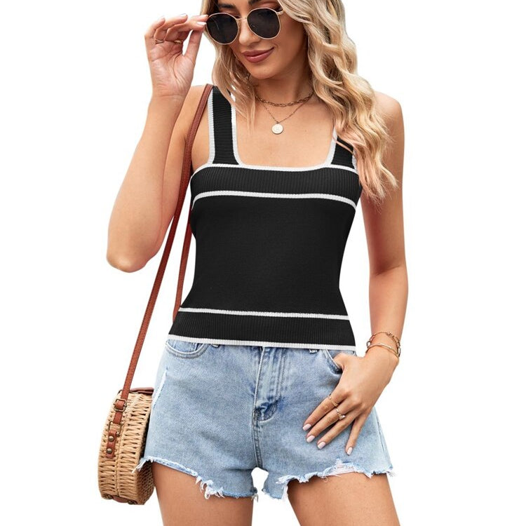Women's 2024 Summer New Contrast Color Foreign Trade Knitted Sweater Short Style Crop Vest black