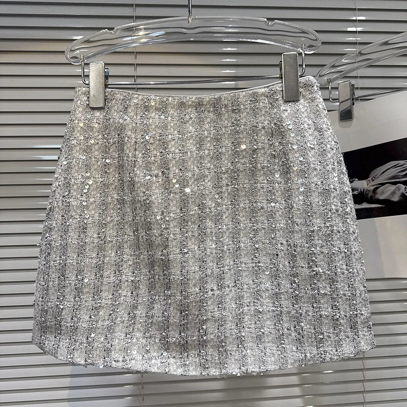 Winter New Fashion Style Sequin Woven Tweed Short Skirt For Women High Waist A-line Wrapped Hip Skirts 11A07805
