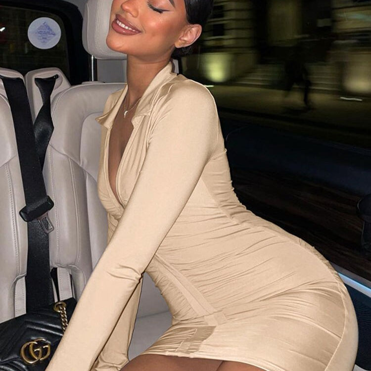 Simenual Ruched V Neck Turn Down Collar Skinny Dress Long Sleeve Fall Spring Sexy Clubwear Birthday Outfit Women Mini Dresses