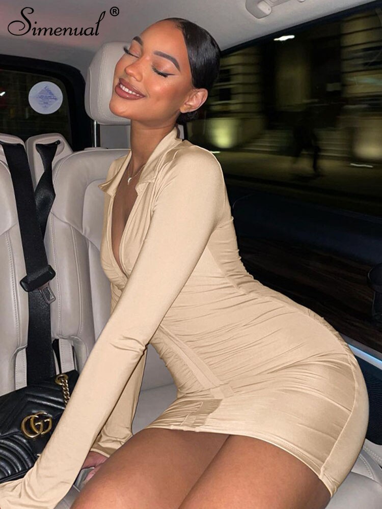 Simenual Ruched V Neck Turn Down Collar Skinny Dress Long Sleeve Fall Spring Sexy Clubwear Birthday Outfit Women Mini Dresses