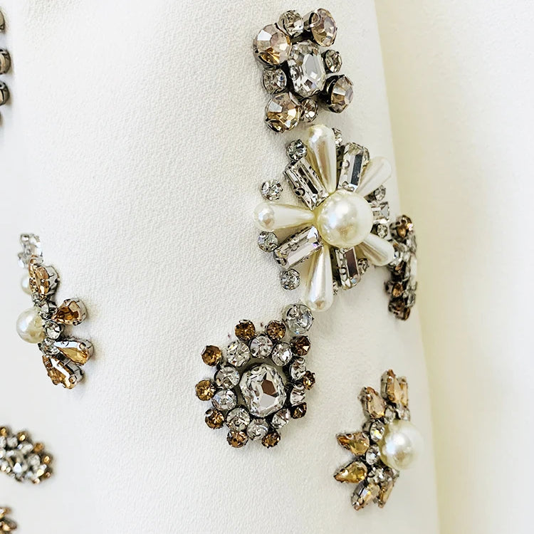 HIGH STREET Newest Fashion 2024 Designer Suit Set Women's Pearls Diamonds Rhinestone Beaded Trimed Jacket Flare Slit Pants Suit