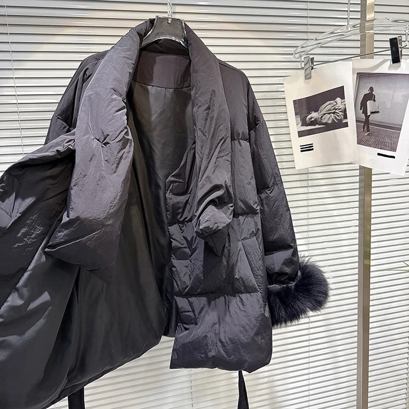 Winter New Elegant Temperament Furry Cuff Scarf Tie Waist Warm Jacket For Women Loose Cotton-padded Coat 11A07600