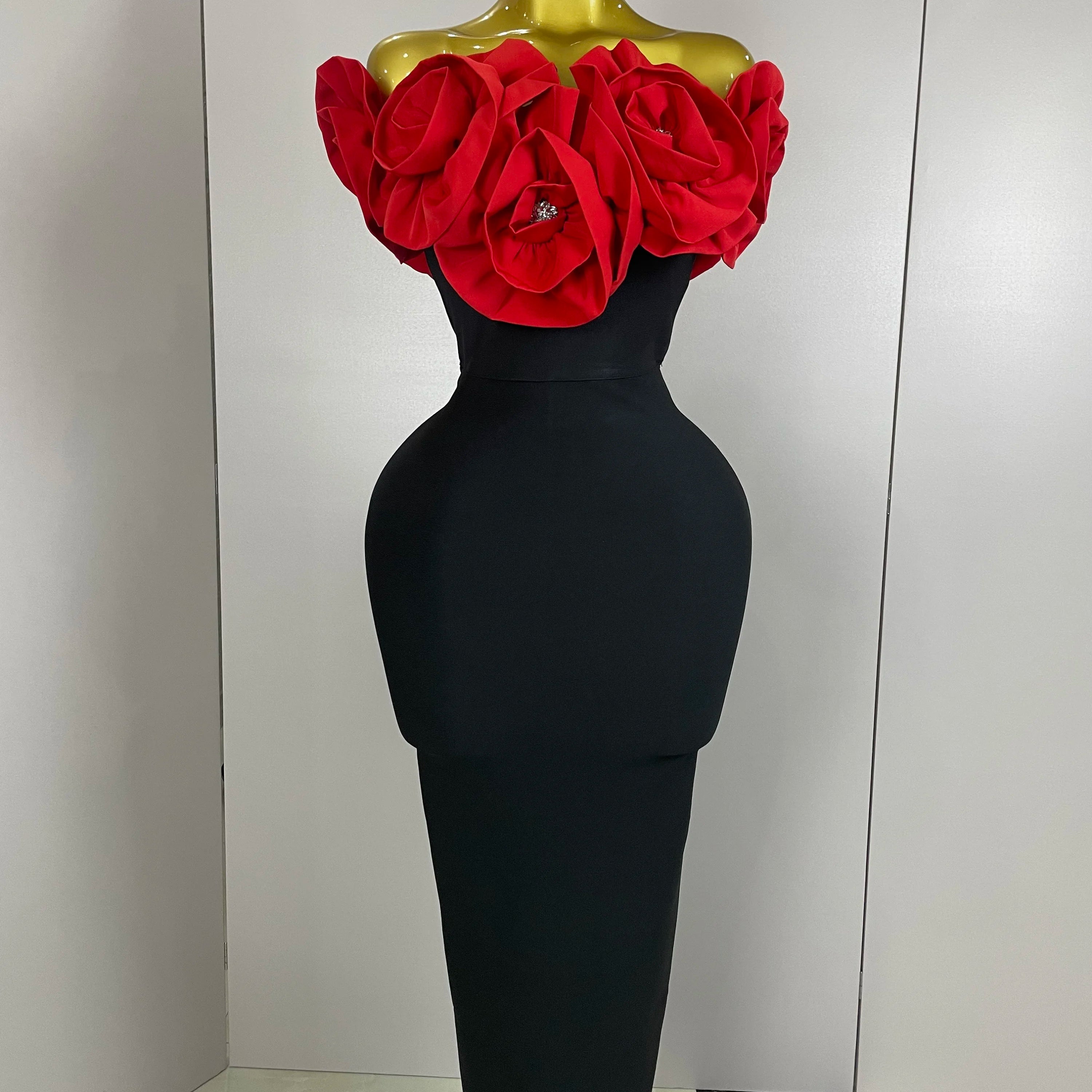 New Stereoscopic Red Flowers Sexy Off The Shoulder Ankle Lenght Bandage Dress Woman Birthday Party Vestido Wedding Party Outfit Red