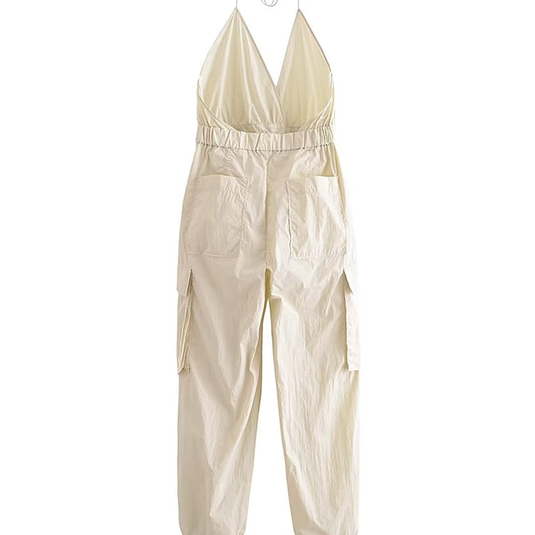 TRAF Summer Women Safari Style Jumpsuit With Belt 2024 New Female Solid Pocket Decoration Deep V-Neck Backless Camisloe Bodysuit