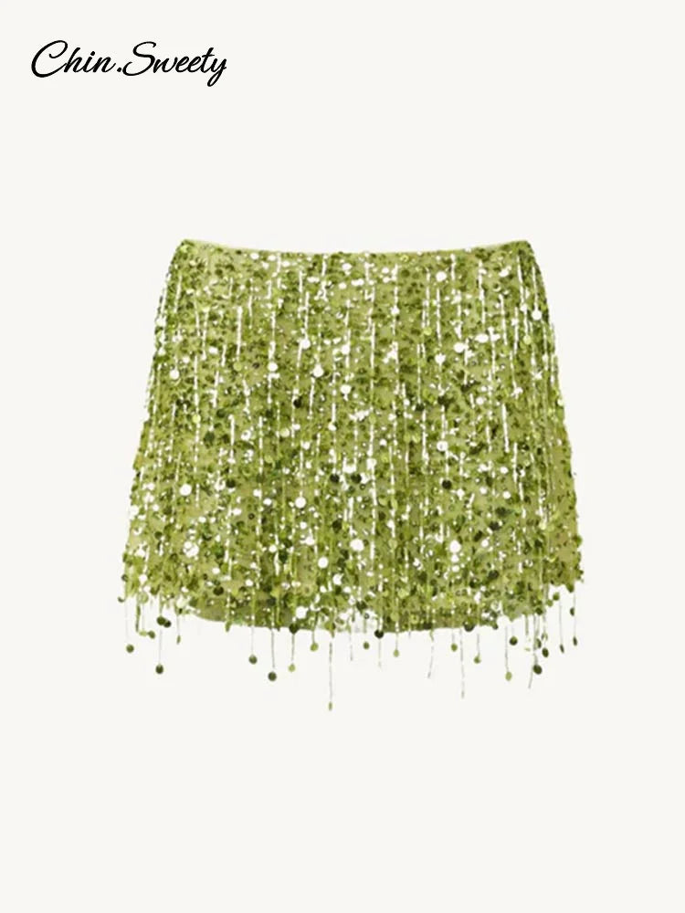 Y2K Tassel Sequin Mini Skirt Sets Women Crop Backless Sling Vest Short Hip Package A-line Skirts 2025 Summer Party Club Outfits